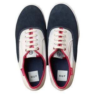 HUF Mateo Blue Suede, Beige Canvas, Red Trim Sneakers